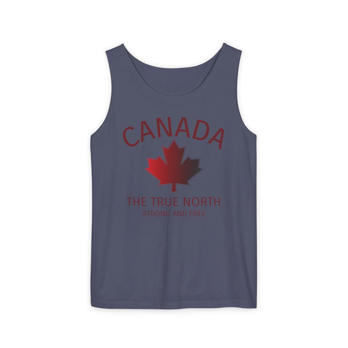 This custom unisex tank top has the word Canada in large block letters in a half circle on the top with a maple leaf underneath that, then under the the maple leaf are the words The True North Strong And Free in the same font, everything is a bright red color like the Canadian flag.