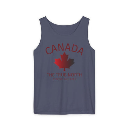 This custom unisex tank top has the word Canada in large block letters in a half circle on the top with a maple leaf underneath that, then under the the maple leaf are the words The True North Strong And Free in the same font, everything is a bright red color like the Canadian flag.