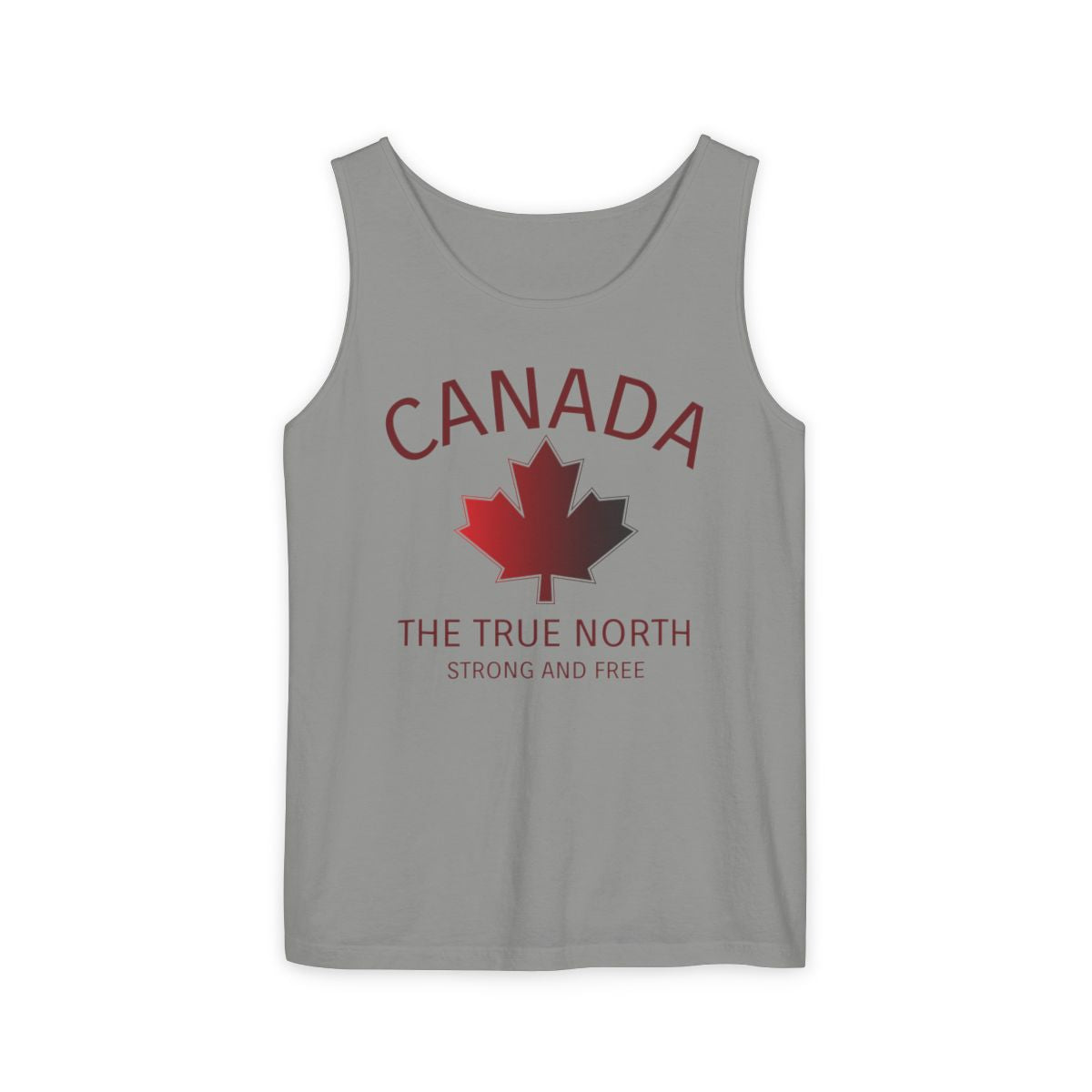 This custom unisex tank top has the word Canada in large block letters in a half circle on the top with a maple leaf underneath that, then under the the maple leaf are the words The True North Strong And Free in the same font, everything is a bright red color like the Canadian flag.