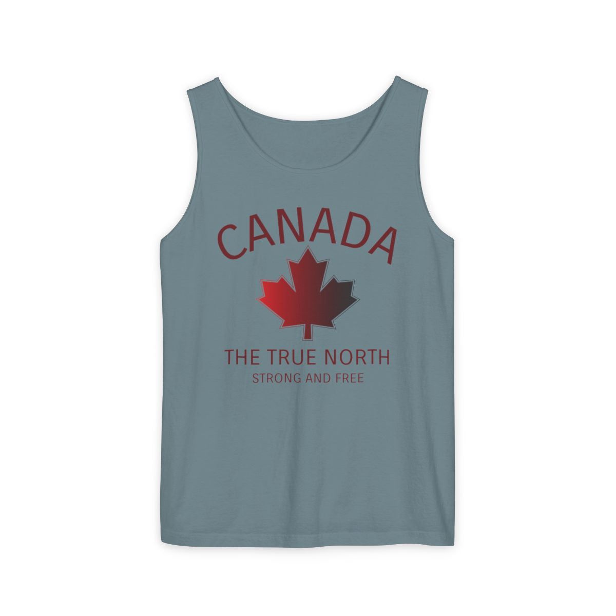 This custom unisex tank top has the word Canada in large block letters in a half circle on the top with a maple leaf underneath that, then under the the maple leaf are the words The True North Strong And Free in the same font, everything is a bright red color like the Canadian flag.