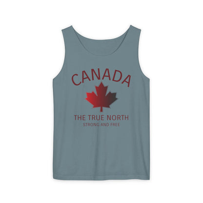 This custom unisex tank top has the word Canada in large block letters in a half circle on the top with a maple leaf underneath that, then under the the maple leaf are the words The True North Strong And Free in the same font, everything is a bright red color like the Canadian flag.