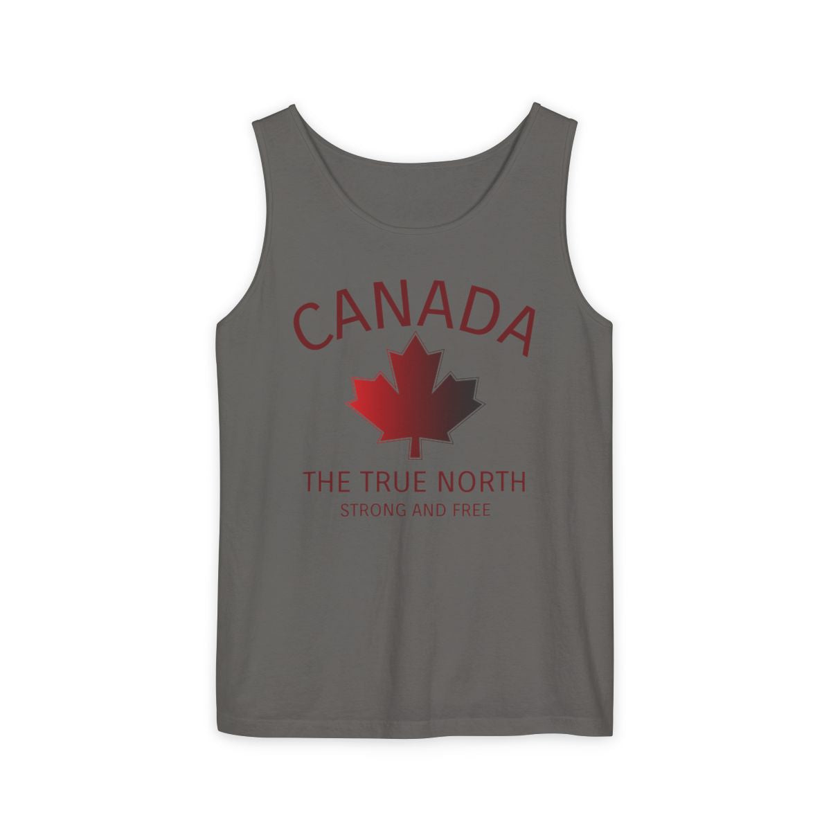 This custom unisex tank top has the word Canada in large block letters in a half circle on the top with a maple leaf underneath that, then under the the maple leaf are the words The True North Strong And Free in the same font, everything is a bright red color like the Canadian flag.