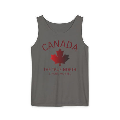 This custom unisex tank top has the word Canada in large block letters in a half circle on the top with a maple leaf underneath that, then under the the maple leaf are the words The True North Strong And Free in the same font, everything is a bright red color like the Canadian flag.