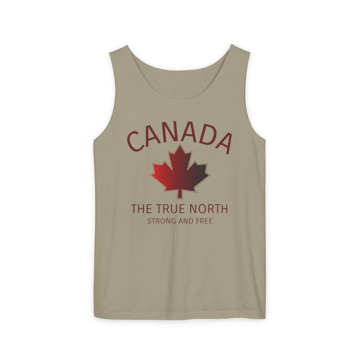 This custom unisex tank top has the word Canada in large block letters in a half circle on the top with a maple leaf underneath that, then under the the maple leaf are the words The True North Strong And Free in the same font, everything is a bright red color like the Canadian flag.