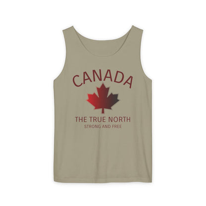This custom unisex tank top has the word Canada in large block letters in a half circle on the top with a maple leaf underneath that, then under the the maple leaf are the words The True North Strong And Free in the same font, everything is a bright red color like the Canadian flag.