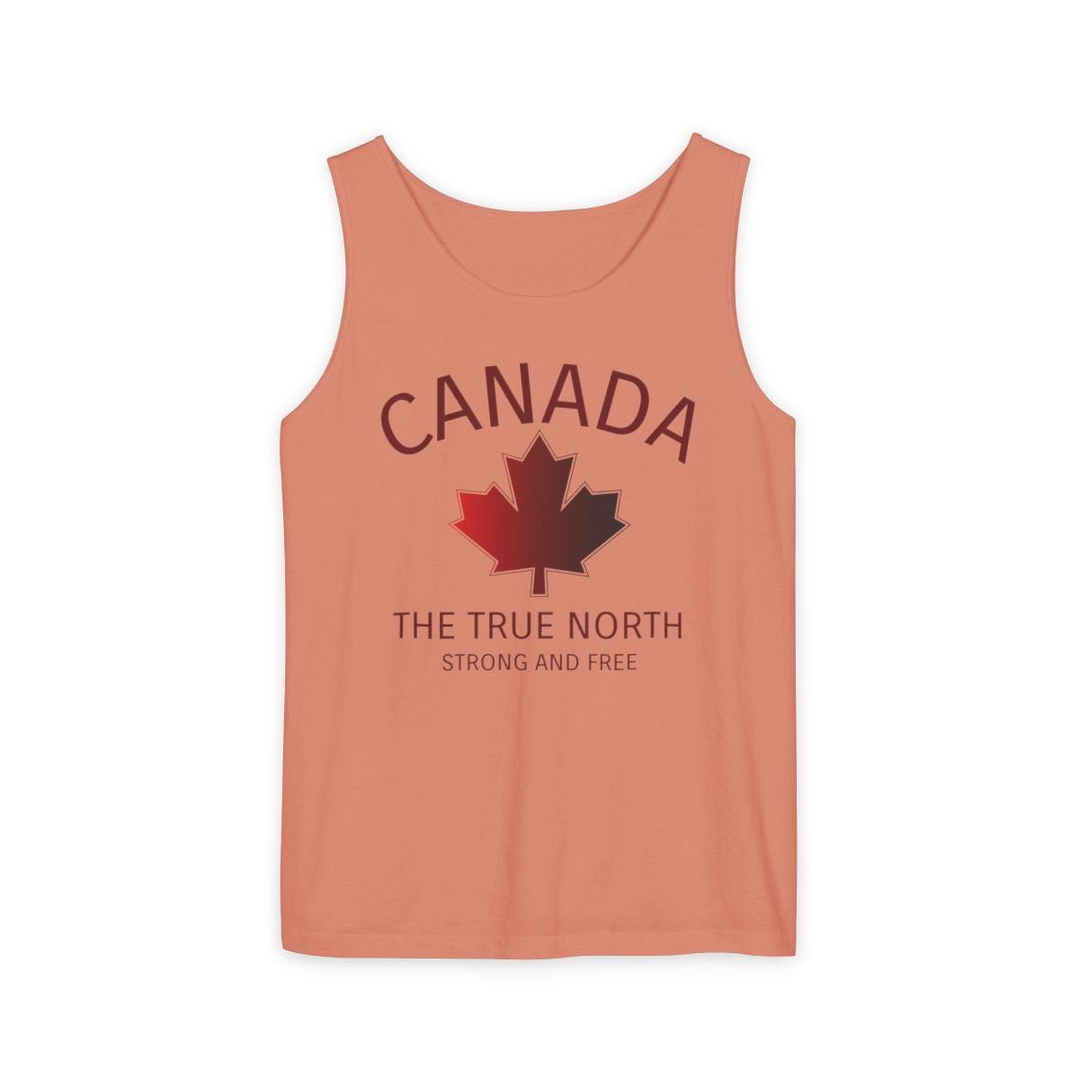 This custom unisex tank top has the word Canada in large block letters in a half circle on the top with a maple leaf underneath that, then under the the maple leaf are the words The True North Strong And Free in the same font, everything is a bright red color like the Canadian flag.