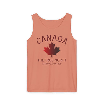 This custom unisex tank top has the word Canada in large block letters in a half circle on the top with a maple leaf underneath that, then under the the maple leaf are the words The True North Strong And Free in the same font, everything is a bright red color like the Canadian flag.