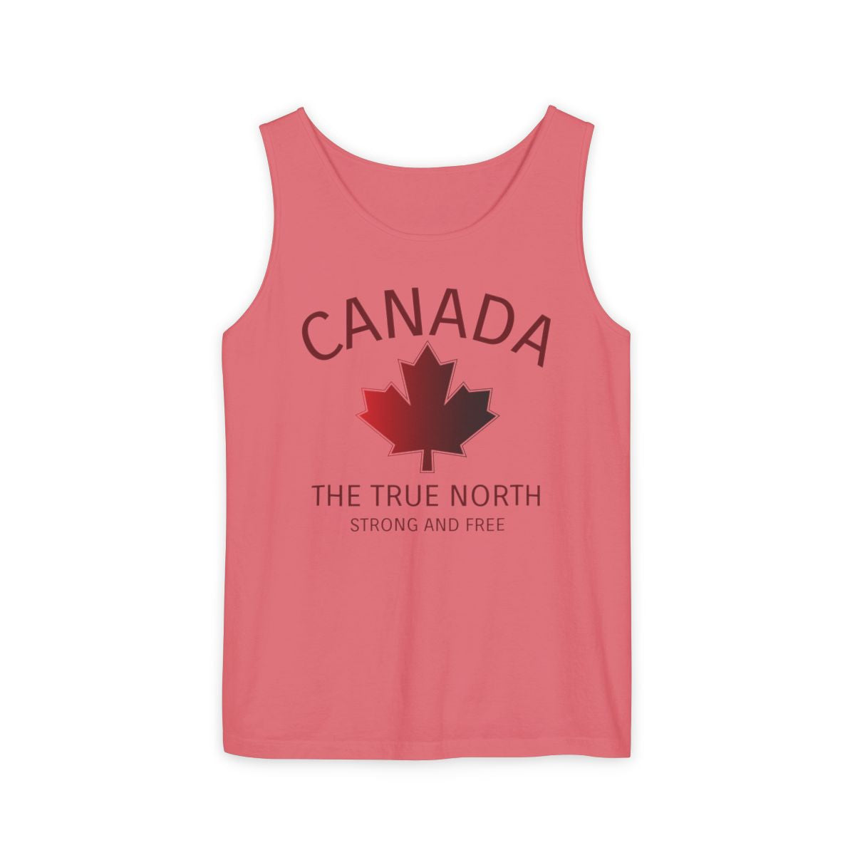 This custom unisex tank top has the word Canada in large block letters in a half circle on the top with a maple leaf underneath that, then under the the maple leaf are the words The True North Strong And Free in the same font, everything is a bright red color like the Canadian flag.