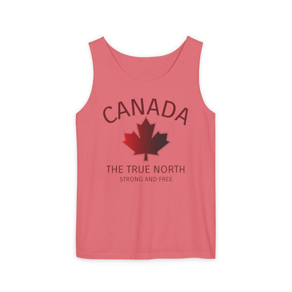 This custom unisex tank top has the word Canada in large block letters in a half circle on the top with a maple leaf underneath that, then under the the maple leaf are the words The True North Strong And Free in the same font, everything is a bright red color like the Canadian flag.