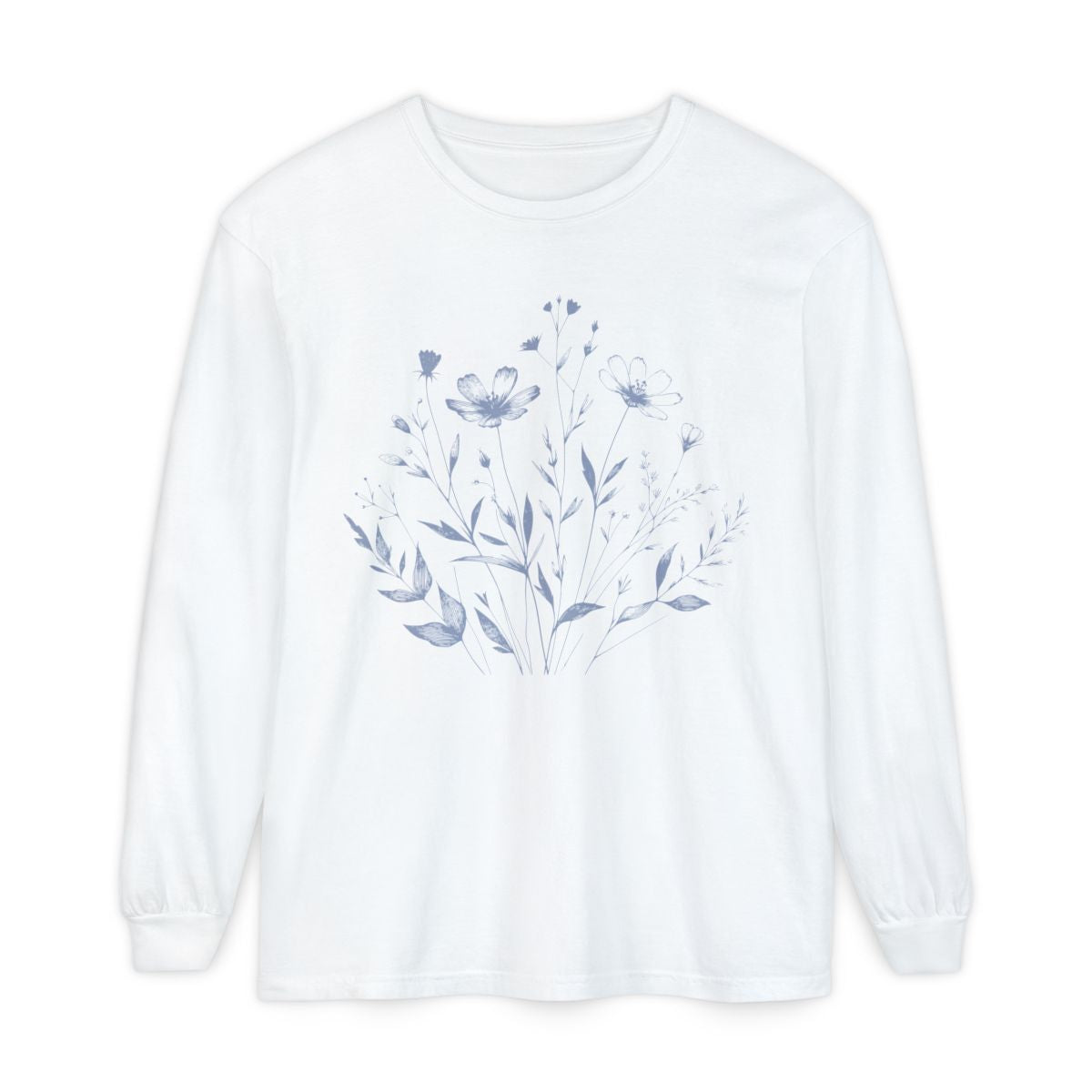 On the front of this custom women's long sleeve t-shirt is a image of a bunch of wildflowers and leaves coming from the bottom of the shirt to the very top, the flowers and leaves are in a light blue color.