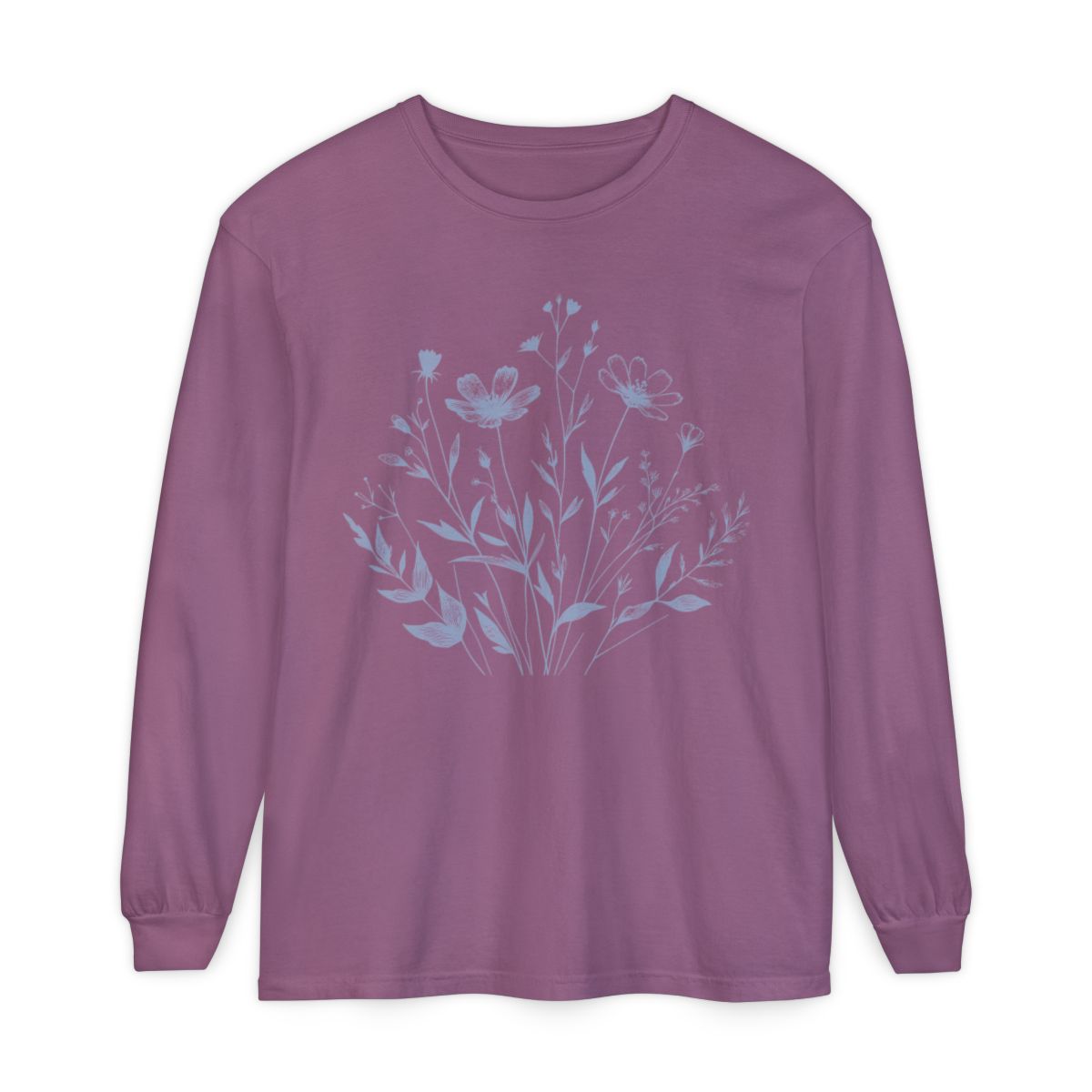 On the front of this custom women's long sleeve t-shirt is a image of a bunch of wildflowers and leaves coming from the bottom of the shirt to the very top, the flowers and leaves are in a light blue color.