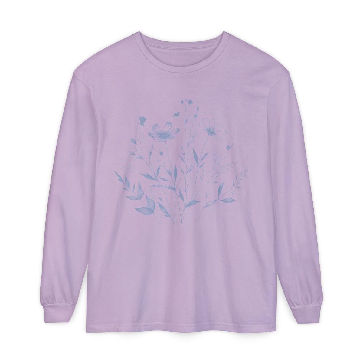 On the front of this custom women's long sleeve t-shirt is a image of a bunch of wildflowers and leaves coming from the bottom of the shirt to the very top, the flowers and leaves are in a light blue color.