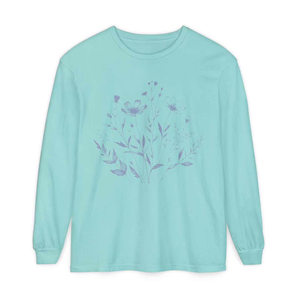 On the front of this custom women's long sleeve t-shirt is a image of a bunch of wildflowers and leaves coming from the bottom of the shirt to the very top, the flowers and leaves are in a light blue color.