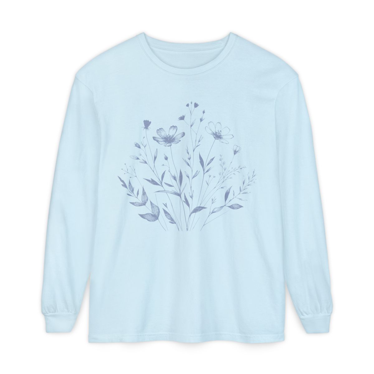 On the front of this custom women's long sleeve t-shirt is a image of a bunch of wildflowers and leaves coming from the bottom of the shirt to the very top, the flowers and leaves are in a light blue color.