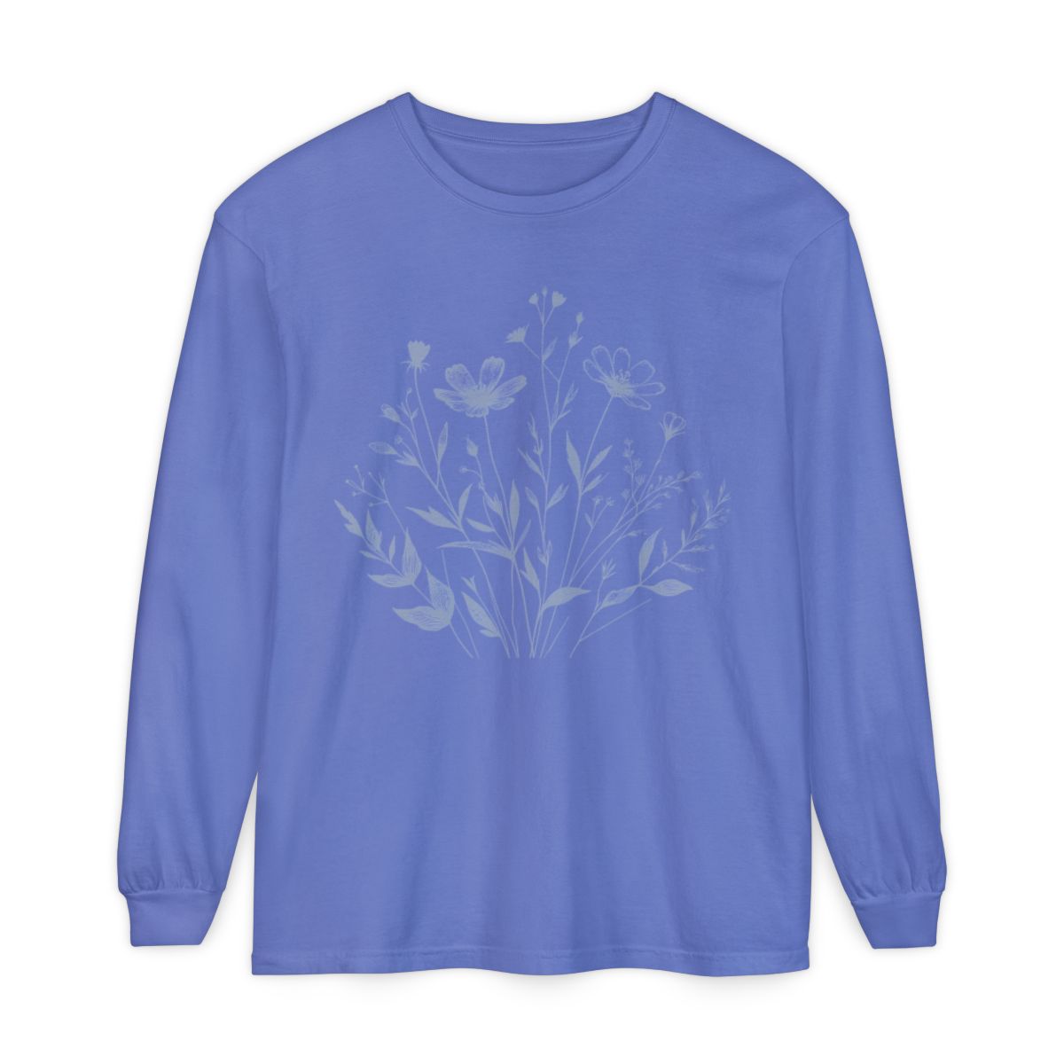 On the front of this custom women's long sleeve t-shirt is a image of a bunch of wildflowers and leaves coming from the bottom of the shirt to the very top, the flowers and leaves are in a light blue color.