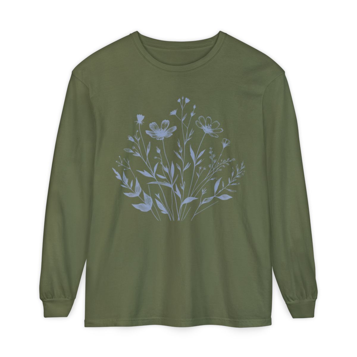 On the front of this custom women's long sleeve t-shirt is a image of a bunch of wildflowers and leaves coming from the bottom of the shirt to the very top, the flowers and leaves are in a light blue color.