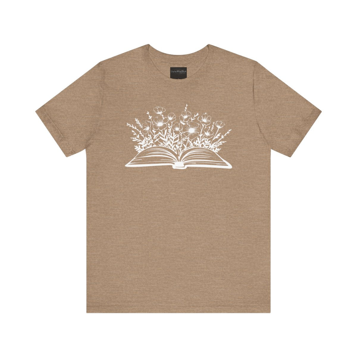 On the front of this custom women's book lover shirt is a image of a book with it opened in the middle, there are a bunch of wildflowers coming out of the center of the book.