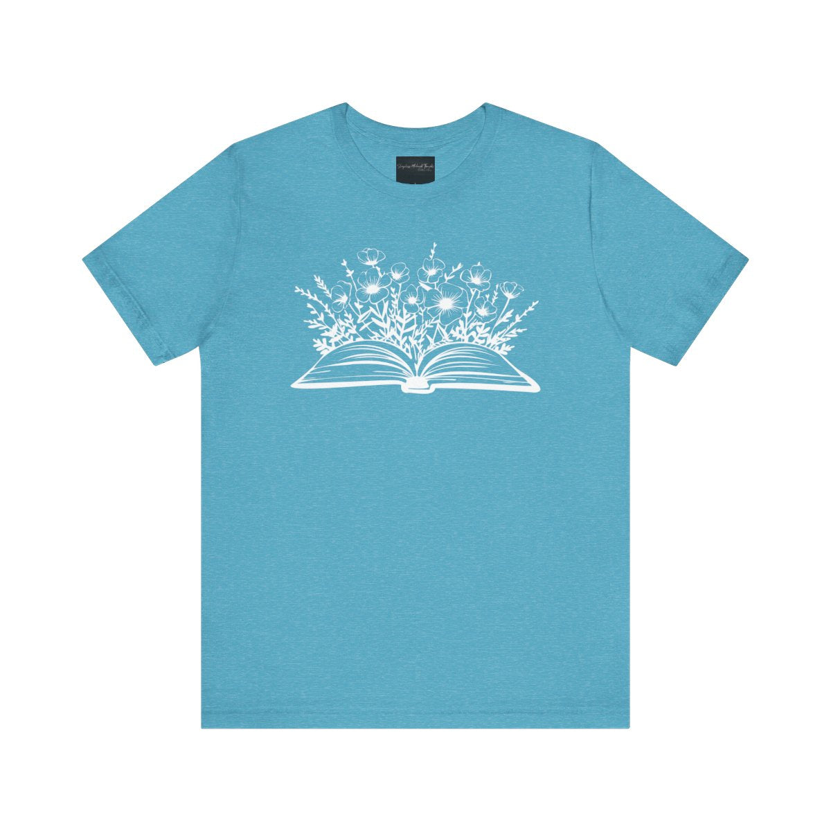 On the front of this custom women's book lover shirt is a image of a book with it opened in the middle, there are a bunch of wildflowers coming out of the center of the book.