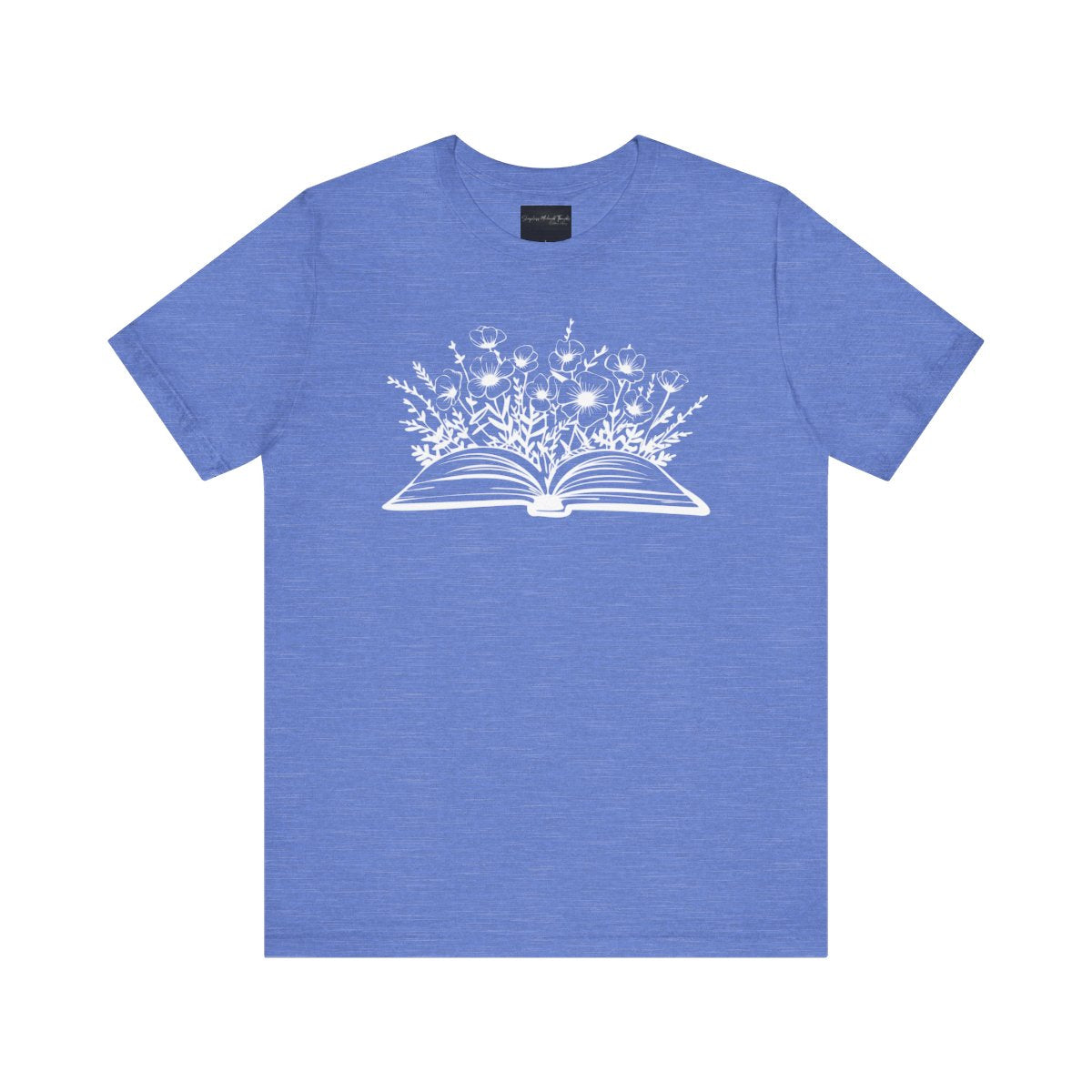 On the front of this custom women's book lover shirt is a image of a book with it opened in the middle, there are a bunch of wildflowers coming out of the center of the book.
