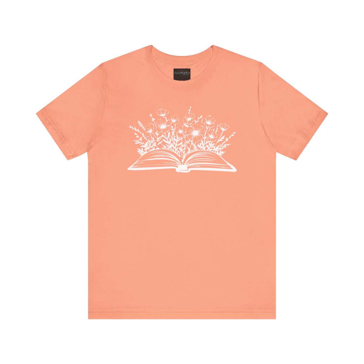 On the front of this custom women's book lover shirt is a image of a book with it opened in the middle, there are a bunch of wildflowers coming out of the center of the book.