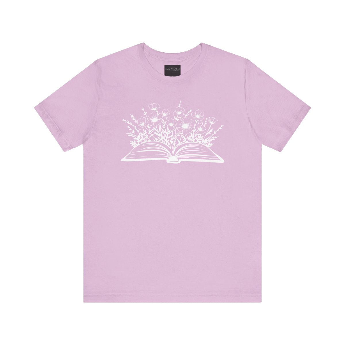 On the front of this custom women's book lover shirt is a image of a book with it opened in the middle, there are a bunch of wildflowers coming out of the center of the book.
