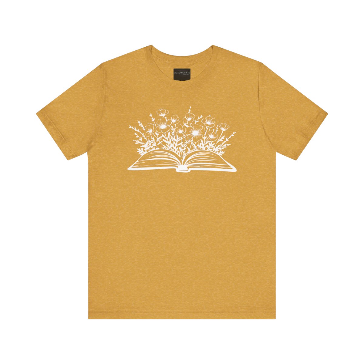 On the front of this custom women's book lover shirt is a image of a book with it opened in the middle, there are a bunch of wildflowers coming out of the center of the book.