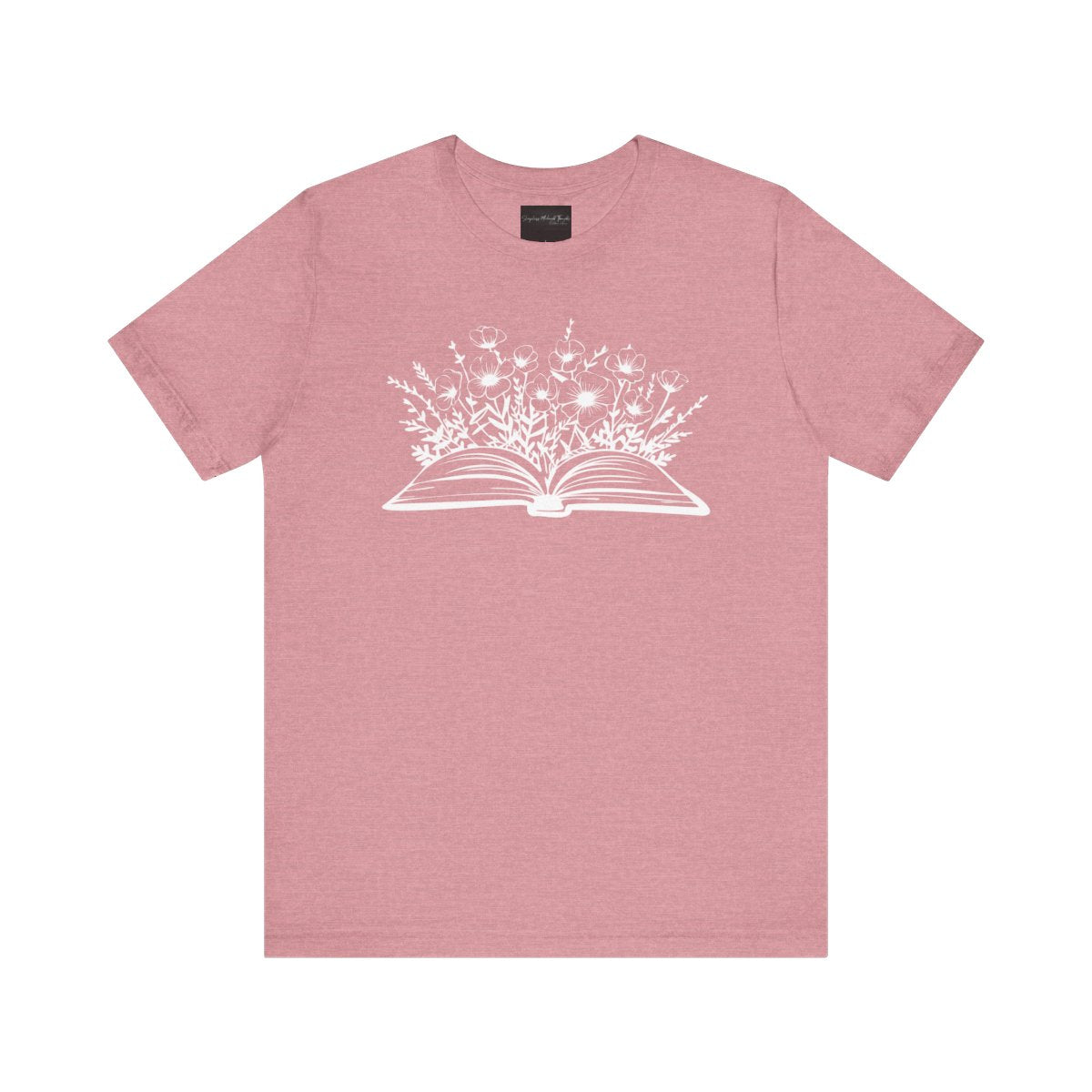 On the front of this custom women's book lover shirt is a image of a book with it opened in the middle, there are a bunch of wildflowers coming out of the center of the book.