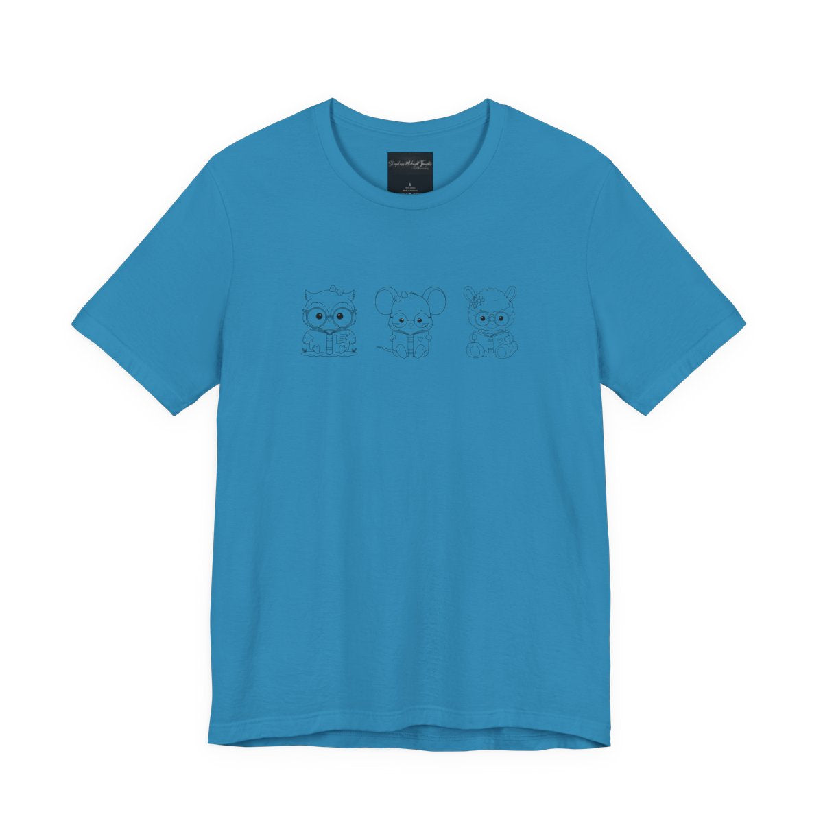 On the front of this custom women's shirt are three baby farm animals with the first being a baby owl then a baby mouse and the last one is a baby lamb, all three of the animals have glasses on and are reading books.