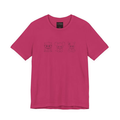 On the front of this custom women's shirt are three baby farm animals with the first being a baby owl then a baby mouse and the last one is a baby lamb, all three of the animals have glasses on and are reading books.