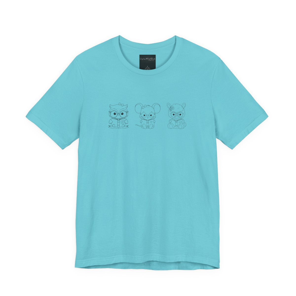 On the front of this custom women's shirt are three baby farm animals with the first being a baby owl then a baby mouse and the last one is a baby lamb, all three of the animals have glasses on and are reading books.