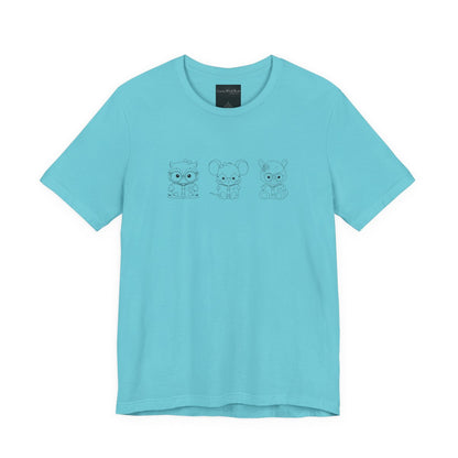 On the front of this custom women's shirt are three baby farm animals with the first being a baby owl then a baby mouse and the last one is a baby lamb, all three of the animals have glasses on and are reading books.