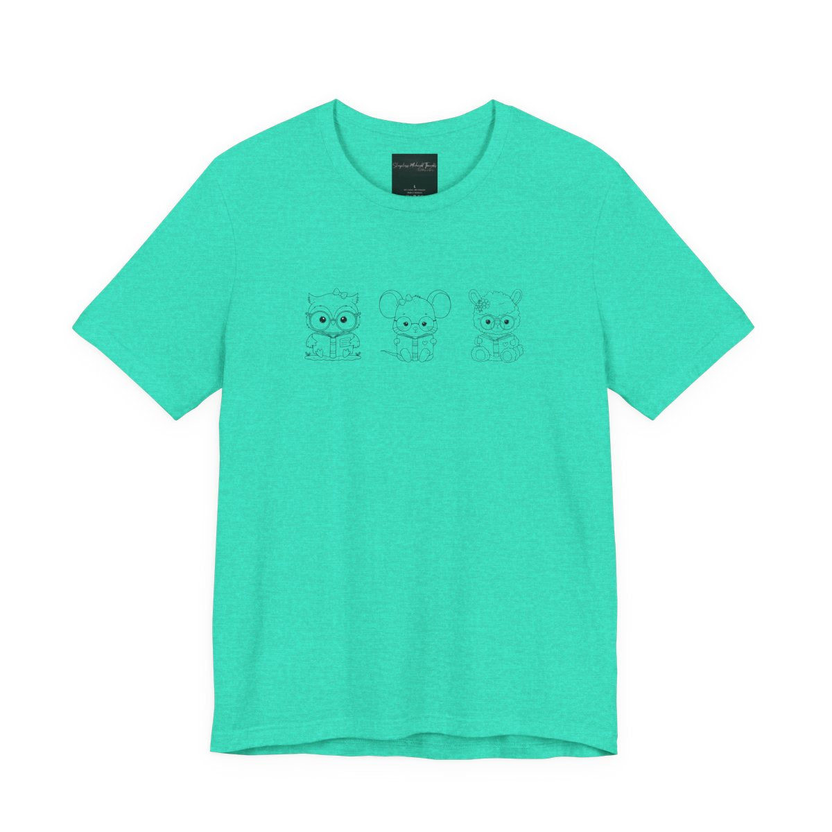 On the front of this custom women's shirt are three baby farm animals with the first being a baby owl then a baby mouse and the last one is a baby lamb, all three of the animals have glasses on and are reading books.