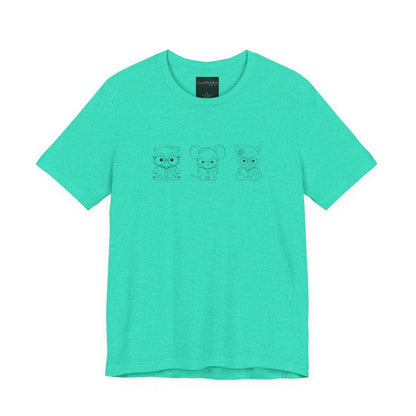 On the front of this custom women's shirt are three baby farm animals with the first being a baby owl then a baby mouse and the last one is a baby lamb, all three of the animals have glasses on and are reading books.