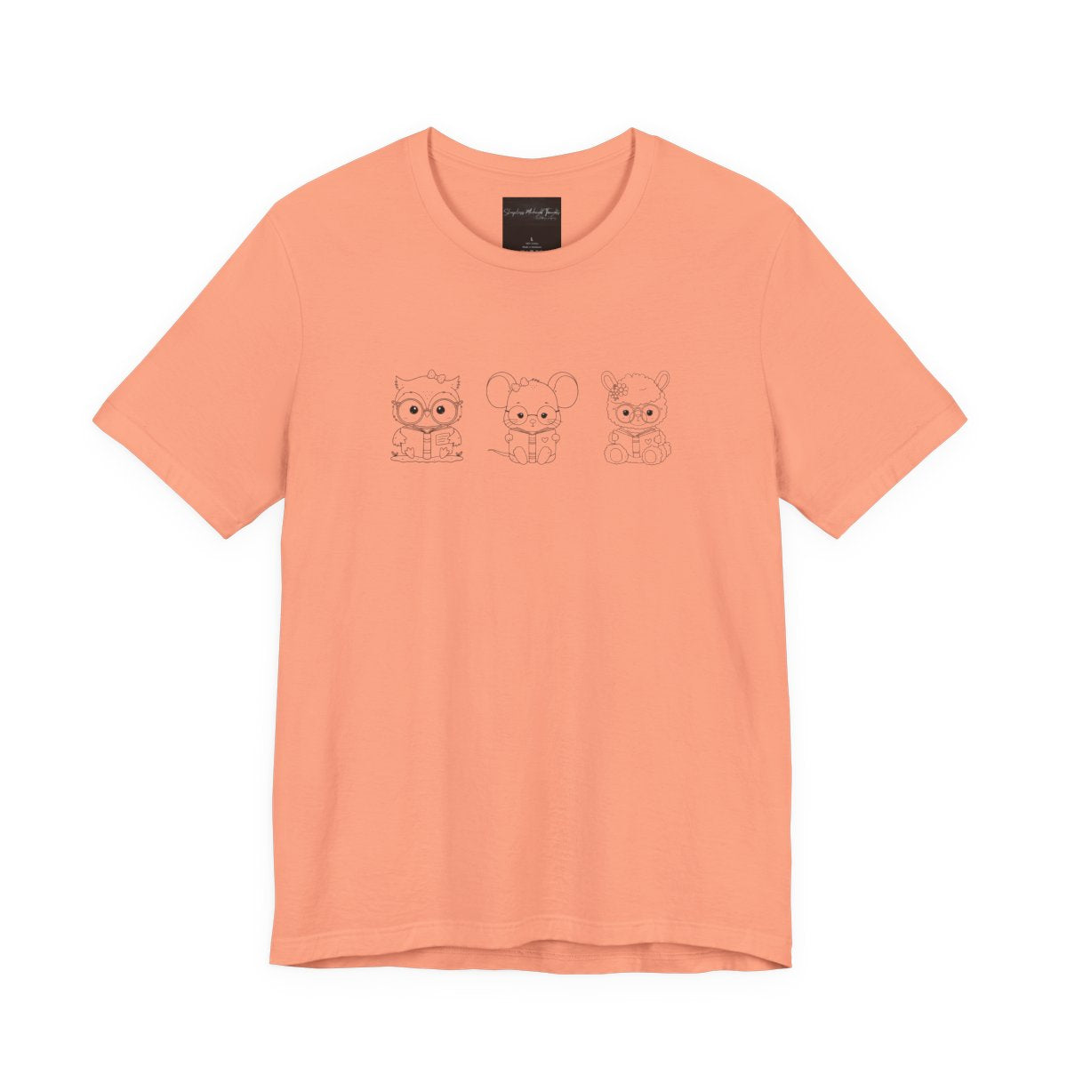 On the front of this custom women's shirt are three baby farm animals with the first being a baby owl then a baby mouse and the last one is a baby lamb, all three of the animals have glasses on and are reading books.