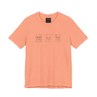 On the front of this custom women's shirt are three baby farm animals with the first being a baby owl then a baby mouse and the last one is a baby lamb, all three of the animals have glasses on and are reading books.