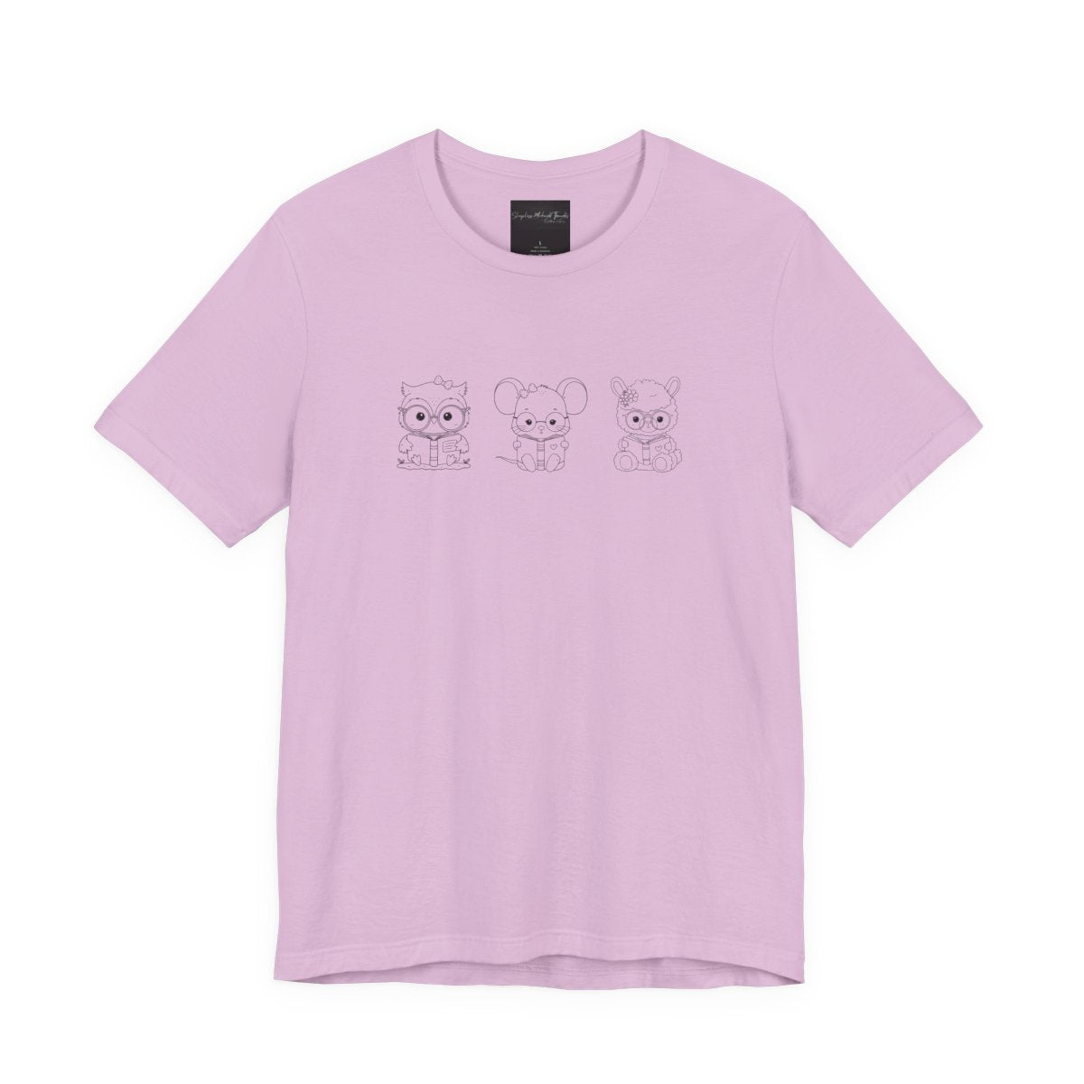 On the front of this custom women's shirt are three baby farm animals with the first being a baby owl then a baby mouse and the last one is a baby lamb, all three of the animals have glasses on and are reading books.