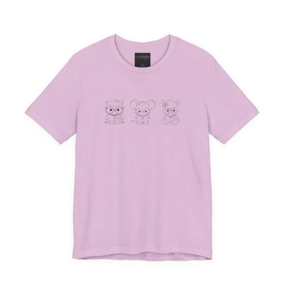 On the front of this custom women's shirt are three baby farm animals with the first being a baby owl then a baby mouse and the last one is a baby lamb, all three of the animals have glasses on and are reading books.