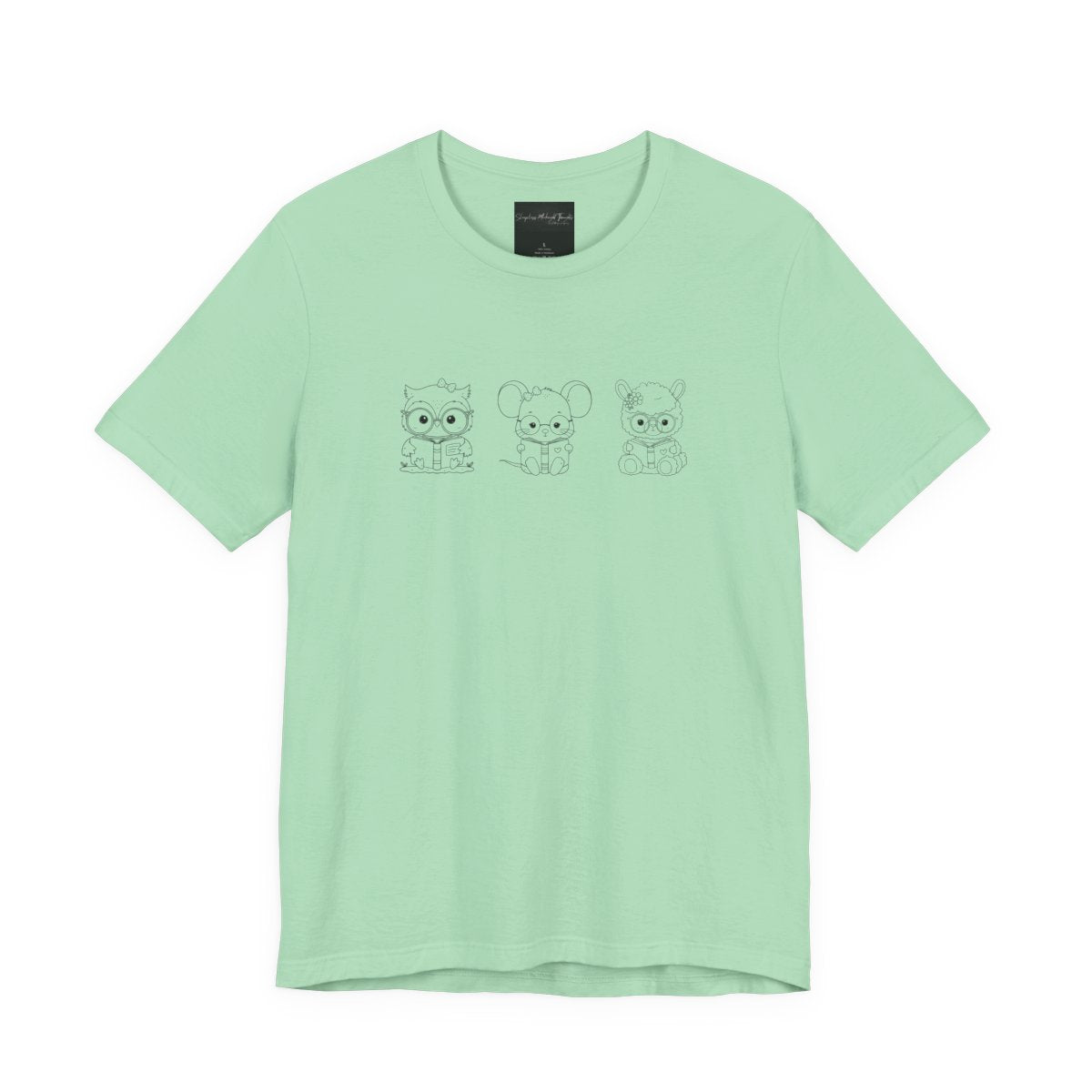 On the front of this custom women's shirt are three baby farm animals with the first being a baby owl then a baby mouse and the last one is a baby lamb, all three of the animals have glasses on and are reading books.