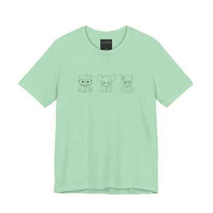 On the front of this custom women's shirt are three baby farm animals with the first being a baby owl then a baby mouse and the last one is a baby lamb, all three of the animals have glasses on and are reading books.