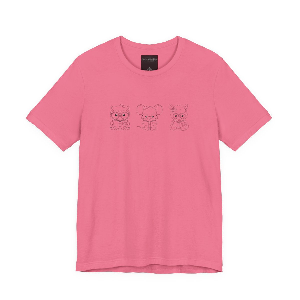 On the front of this custom women's shirt are three baby farm animals with the first being a baby owl then a baby mouse and the last one is a baby lamb, all three of the animals have glasses on and are reading books.