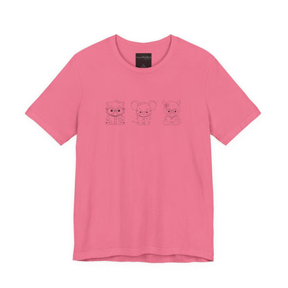 On the front of this custom women's shirt are three baby farm animals with the first being a baby owl then a baby mouse and the last one is a baby lamb, all three of the animals have glasses on and are reading books.