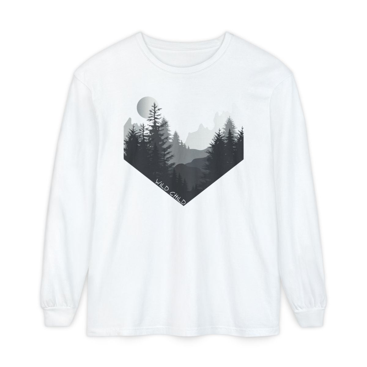 The image on the front of this custom long sleeve shirt is all in black and grey with there being mountains and trees on both sides in the shape on a v making it looking as if you are looking down a valley, the words wild child are in white on the bottom left of the image.