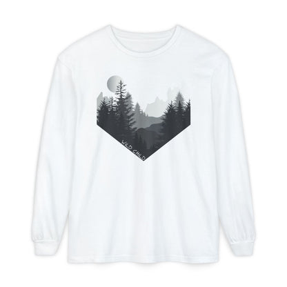 The image on the front of this custom long sleeve shirt is all in black and grey with there being mountains and trees on both sides in the shape on a v making it looking as if you are looking down a valley, the words wild child are in white on the bottom left of the image.