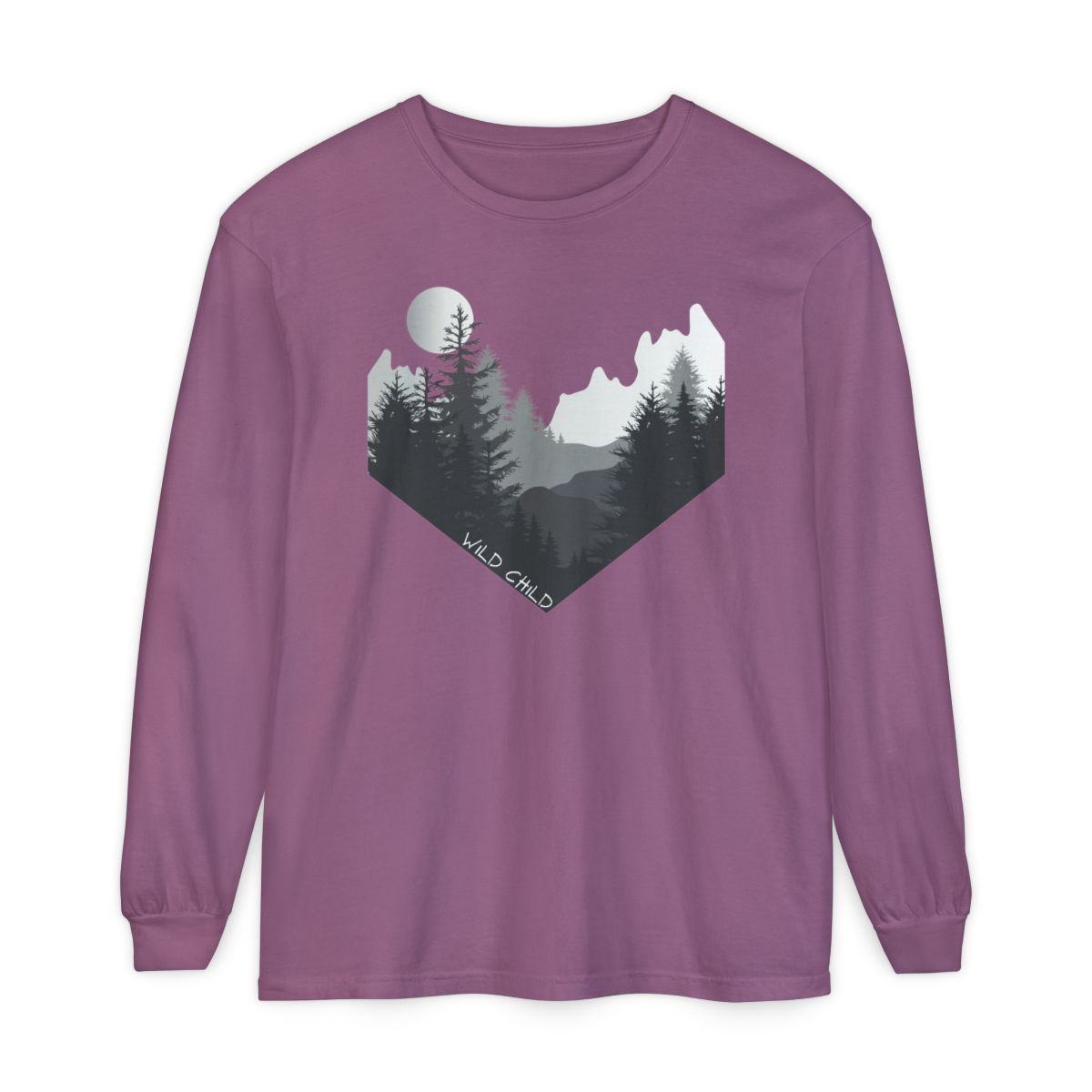 The image on the front of this custom long sleeve shirt is all in black and grey with there being mountains and trees on both sides in the shape on a v making it looking as if you are looking down a valley, the words wild child are in white on the bottom left of the image.