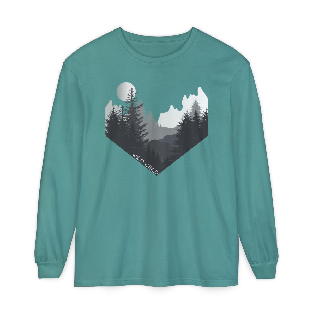 The image on the front of this custom long sleeve shirt is all in black and grey with there being mountains and trees on both sides in the shape on a v making it looking as if you are looking down a valley, the words wild child are in white on the bottom left of the image.