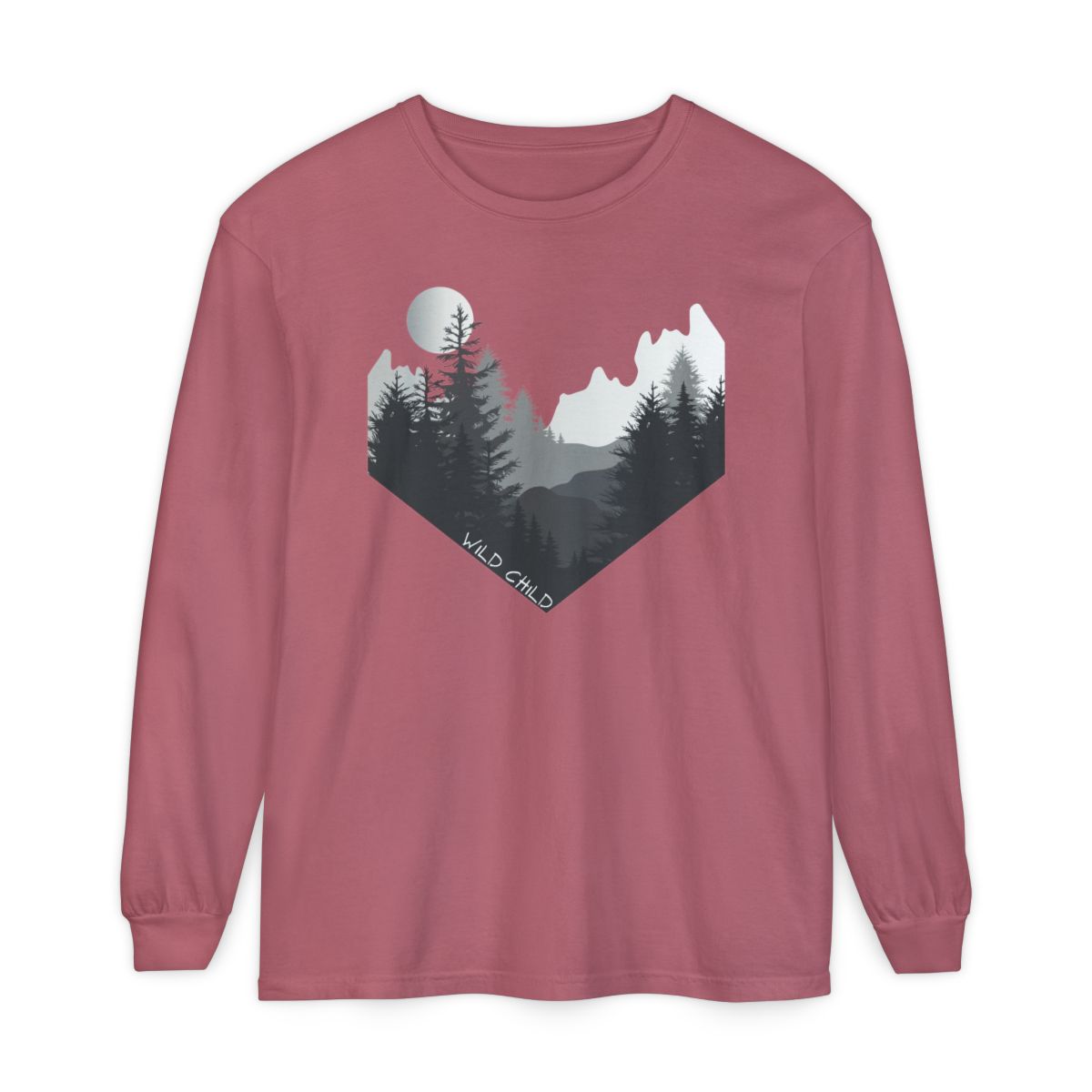 The image on the front of this custom long sleeve shirt is all in black and grey with there being mountains and trees on both sides in the shape on a v making it looking as if you are looking down a valley, the words wild child are in white on the bottom left of the image.