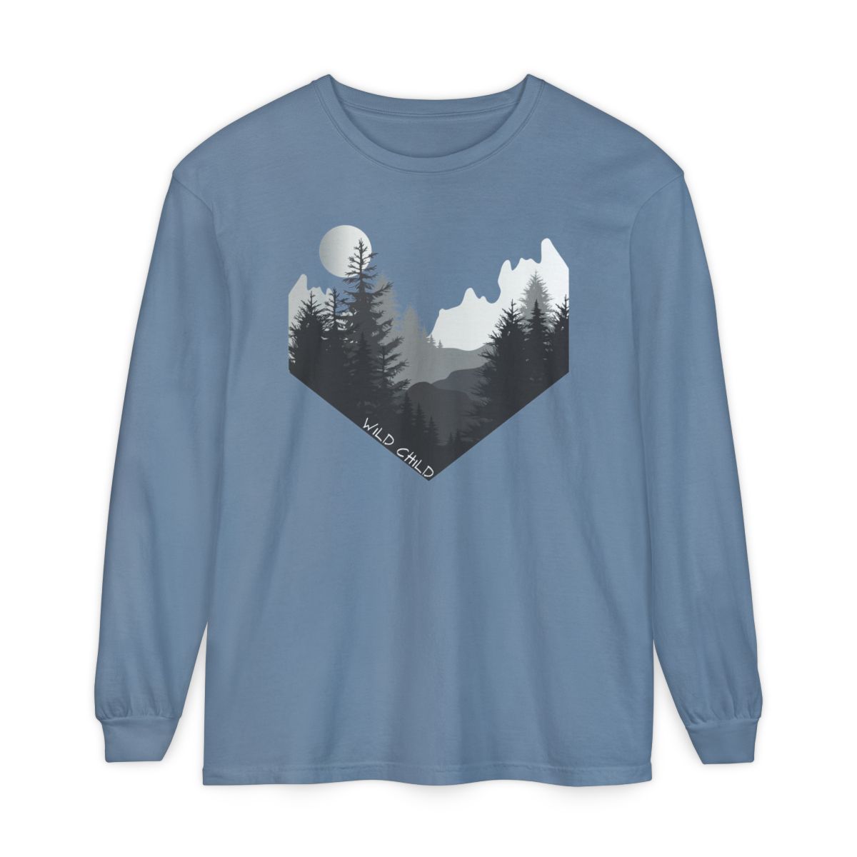 The image on the front of this custom long sleeve shirt is all in black and grey with there being mountains and trees on both sides in the shape on a v making it looking as if you are looking down a valley, the words wild child are in white on the bottom left of the image.