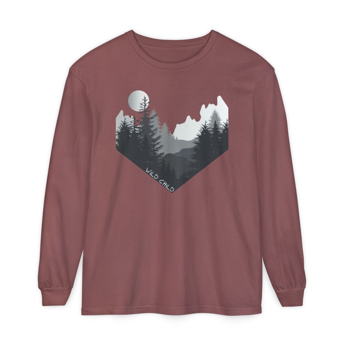 The image on the front of this custom long sleeve shirt is all in black and grey with there being mountains and trees on both sides in the shape on a v making it looking as if you are looking down a valley, the words wild child are in white on the bottom left of the image.