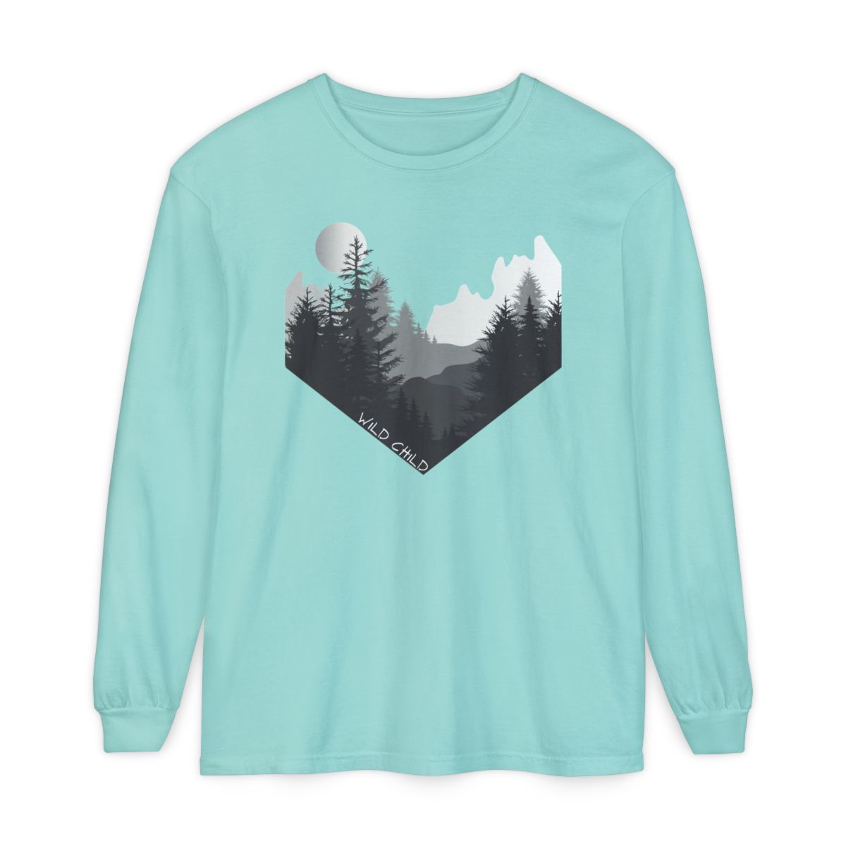The image on the front of this custom long sleeve shirt is all in black and grey with there being mountains and trees on both sides in the shape on a v making it looking as if you are looking down a valley, the words wild child are in white on the bottom left of the image.
