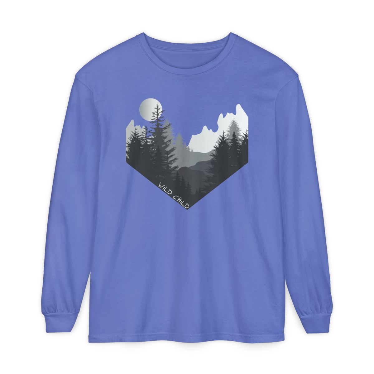 The image on the front of this custom long sleeve shirt is all in black and grey with there being mountains and trees on both sides in the shape on a v making it looking as if you are looking down a valley, the words wild child are in white on the bottom left of the image.